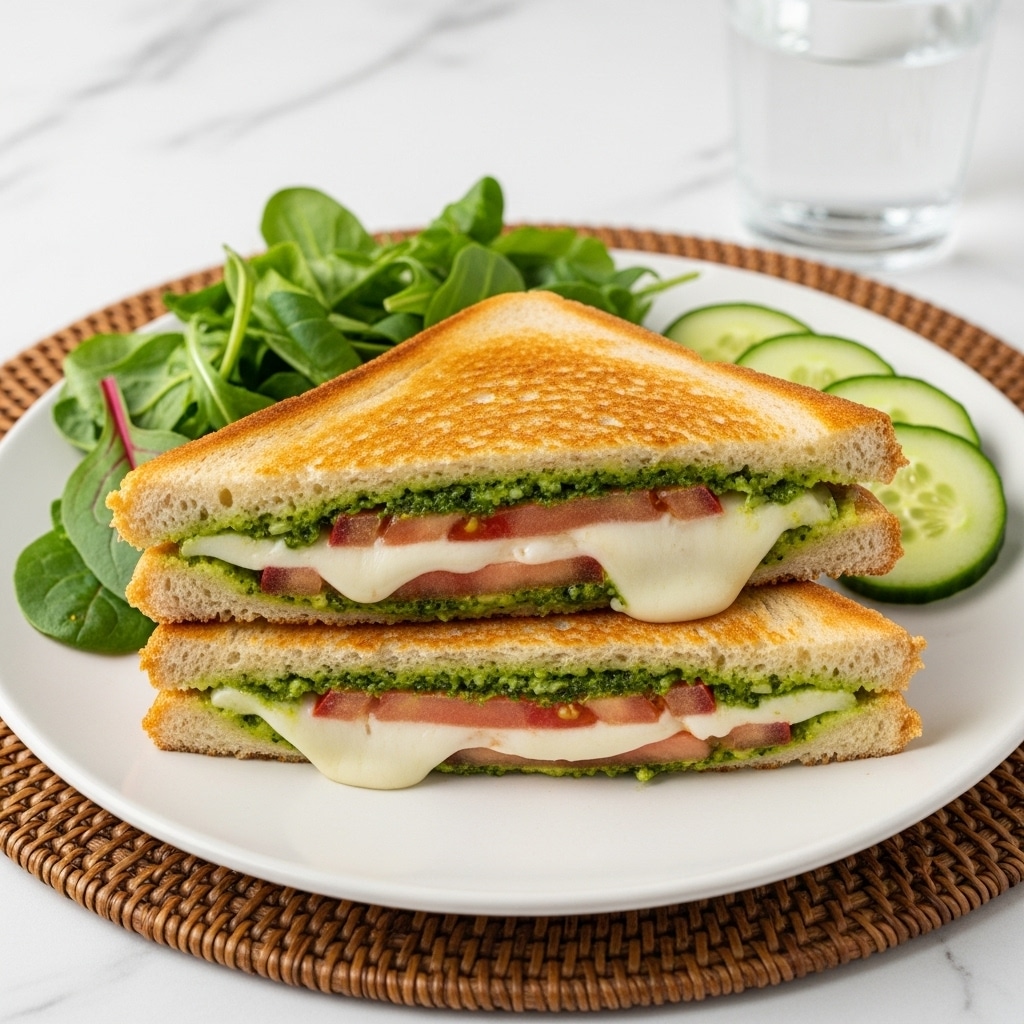 The image shows a toasted sandwich cut in half and stacked, placed on a white plate with a fresh salad on the side. The sandwich has three visible layers: the top layer is golden brown toasted bread, the middle layer includes melted white cheese with some herbs, and slices of tomato that are red and juicy, and the bottom layer is green pesto spread on toasted bread. The salad around the sandwich has mixed leafy greens, bright red tomato pieces, and a slice of cucumber. There is a glass of water in the background, and the scene rests on a white marbled surface. photo taken with an iphone --ar 4:5 --v 7