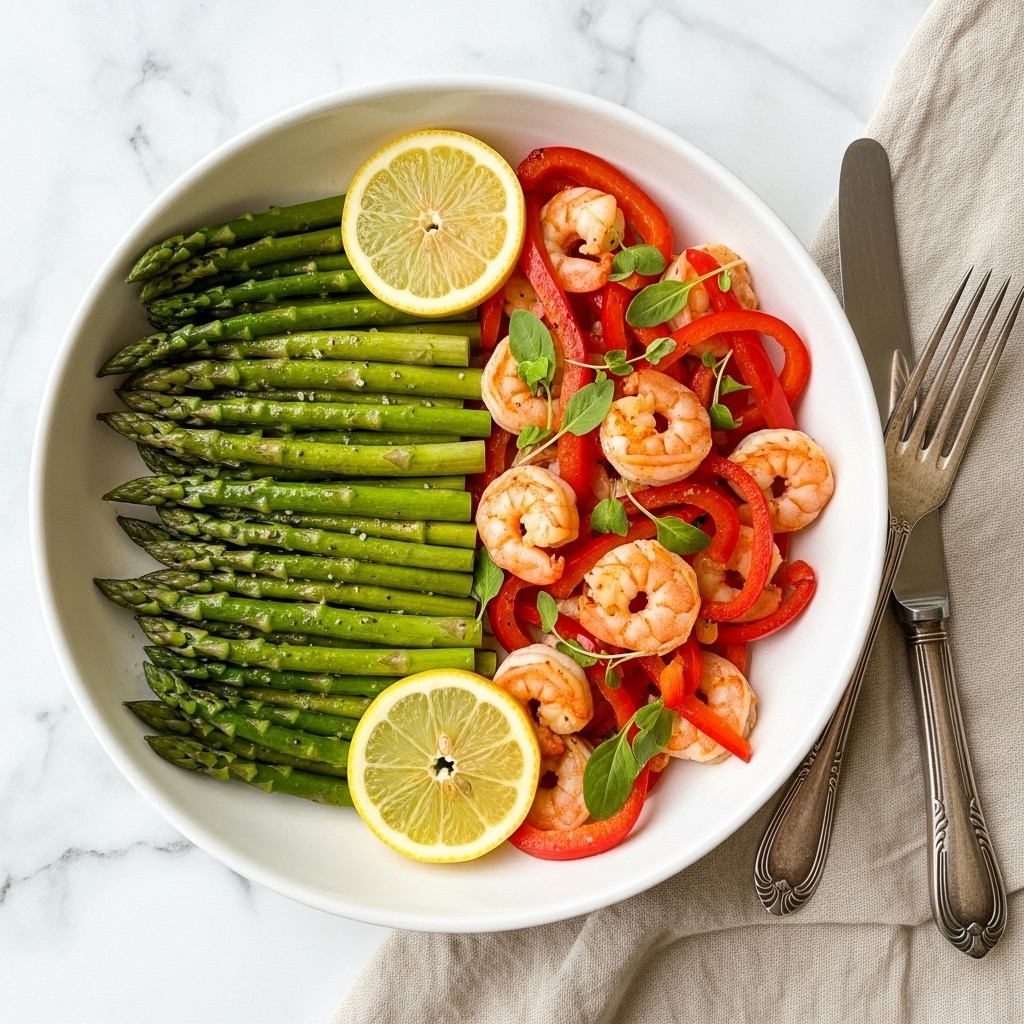 A white shallow bowl holds a colorful dish divided into two main sections; on the left side, there is a layer of cooked shrimp mixed with slices of red bell pepper, garnished with small green parsley leaves and topped with small lemon wedges. The shrimp are a bright orange-pink color with a slightly glossy texture. On the right side, there is a neat layer of green asparagus spears, cooked to maintain a vibrant green color with a light shine, sprinkled with coarse black pepper. The bowl is set on a beige, textured cloth on a white marbled surface, with a fork and knife placed to the right side of the bowl. photo taken with an iphone --ar 4:5 --v 7