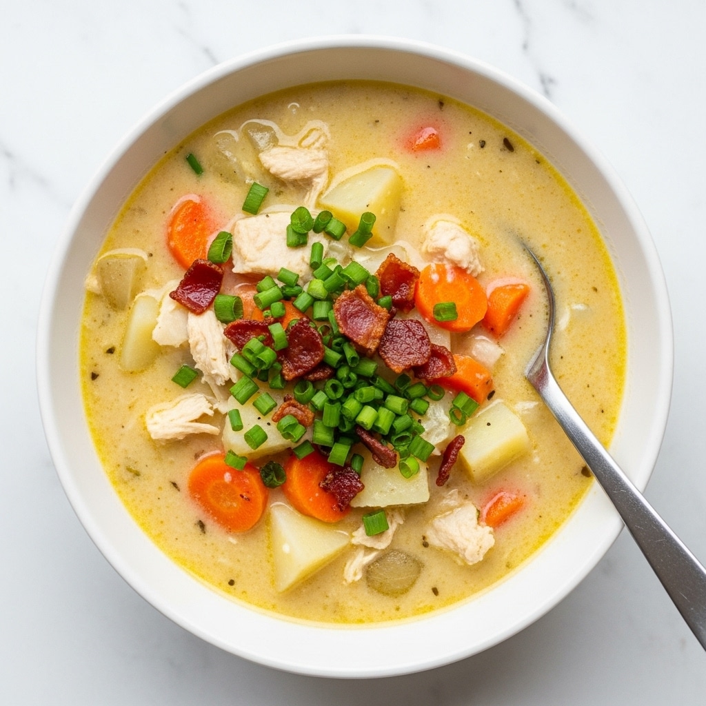 A close-up view of a creamy soup served in a white bowl sitting on a white marbled surface. The soup has a thick, light yellow base with chunks of light brown chicken and orange carrots mixed with pale yellow potatoes. There are small bits of crispy red bacon and scattered green herbs on top, adding color contrast. A silver spoon rests inside the bowl, partly submerged in the soup. The overall look is warm and hearty. photo taken with an iphone --ar 4:5 --v 7