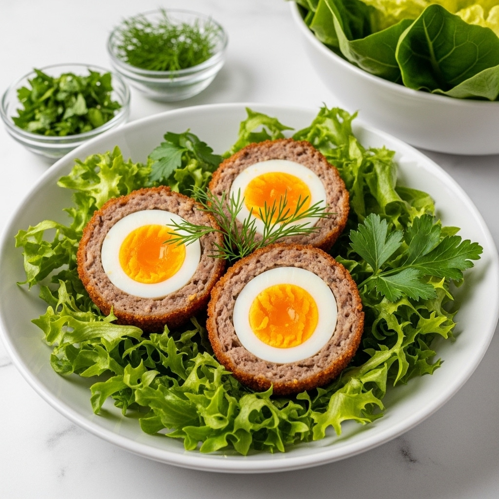 The dish shows three halves of Scotch eggs arranged on a large white plate. Each Scotch egg has a golden-brown, crispy outer layer with a textured surface and is cut open to reveal a soft-boiled egg inside, showing a bright yellow yolk surrounded by firm white. The eggs are placed on a bed of fresh bright green lettuce leaves with curly edges, mixed with sprigs of dark green dill and parsley, adding freshness and color contrast. In the background, a white bowl filled with leafy green lettuce and small glass and white bowls with seasonings sit on a white marbled surface, creating a clean and fresh presentation. photo taken with an iphone --ar 4:5 --v 7