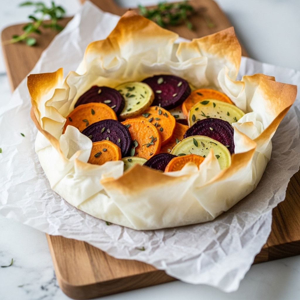 A round tart with crispy, golden-brown, flaky layers of phyllo dough forming the crust is placed on white parchment paper over a white marbled textured wooden board. Inside the tart, there are several thin, circular slices of root vegetables layered loosely in the center, showing vibrant colors like deep purple, orange, yellow, and white with visible texture. Some small green herb sprigs are placed nearby for decoration. The background is a smooth white marbled texture. Photo taken with an iphone --ar 4:5 --v 7