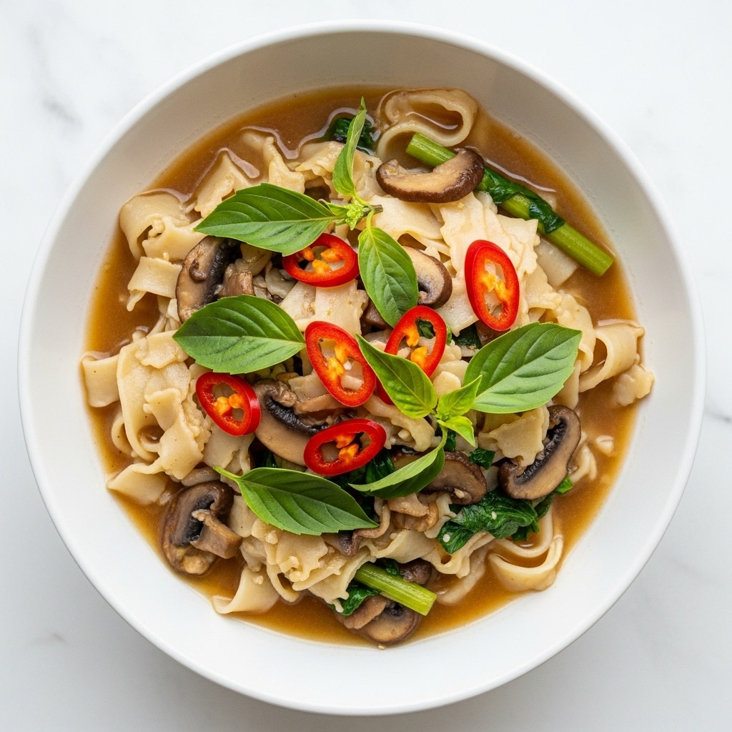A shallow white bowl holds a dish with flat, wide, beige noodles forming the base layer. On top, pieces of light brown mushrooms and dark brown chunks of eggplant are mixed with green chopped vegetables. Thin slices of bright red chili peppers and small fresh green leaves are scattered on the surface, adding bright color contrast. The entire dish is covered in a light brown broth or sauce that pools around the noodles. The bowl is placed on a white marbled texture background. photo taken with an iphone --ar 4:5 --v 7
