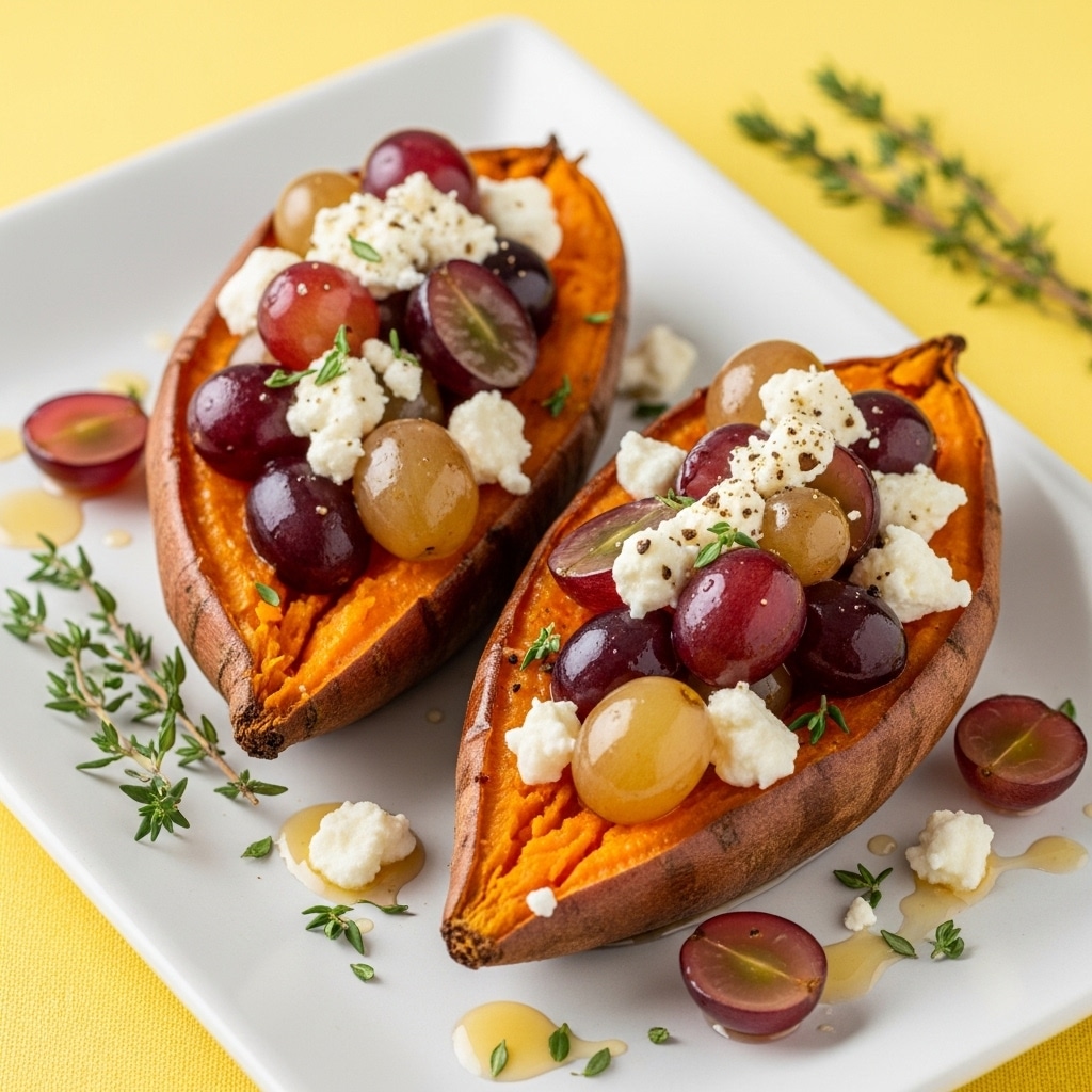 Two pieces of cooked, split sweet potato with wrinkled brown skin and soft orange inside sit on a white plate against a white marbled texture. Each potato piece is topped with a layer of red and light brown grapes that look slightly roasted, followed by crumbled white cheese sprinkled on top. Small green herb leaves are scattered over the potatoes and grapes, with a small drizzle of light honey or syrup adding shine. A sprig of fresh green thyme rests on the edge of the plate. photo taken with an iphone --ar 4:5 --v 7