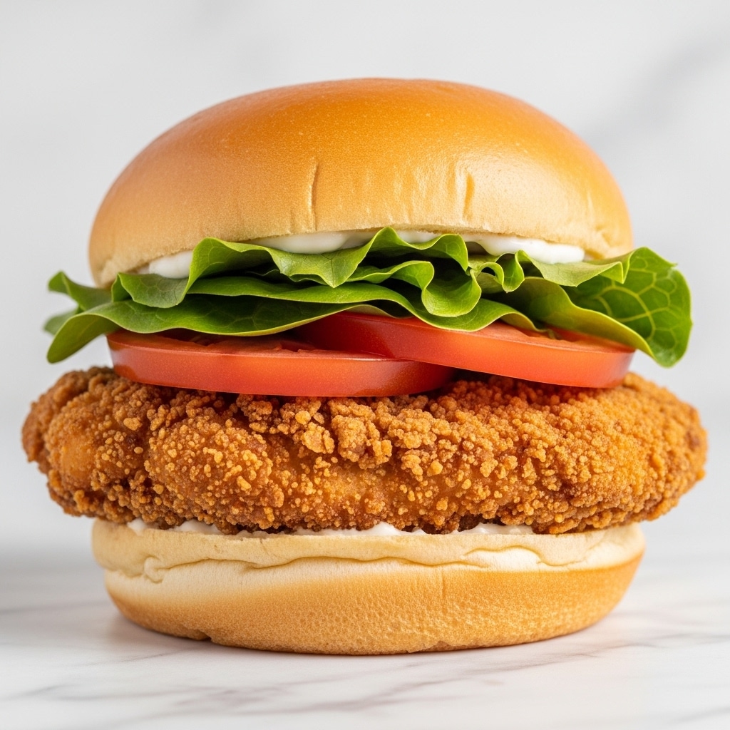 A sandwich with a soft, light beige bun that is slightly textured on top forms the top and bottom layers. Inside, there is a crispy, golden-brown fried chicken fillet that looks crunchy and thick. Above the chicken, bright green leafy lettuce is placed evenly, followed by two thick, juicy red tomato slices. A thin layer of white creamy sauce is spread just below the top bun, lightly peeking out above the tomato. The sandwich is placed on a surface with a white marbled texture. photo taken with an iphone --ar 4:5 --v 7