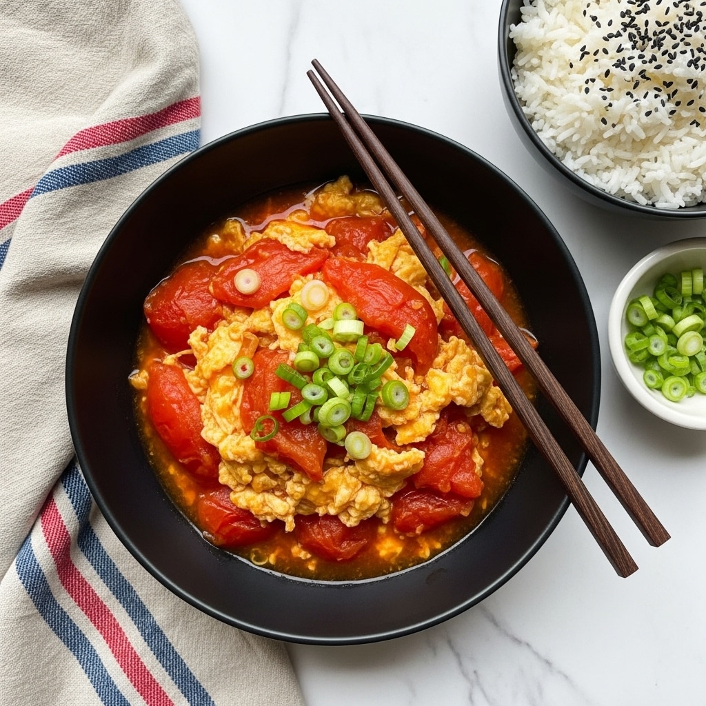 A black bowl holds a dish with three visible layers: the bottom layer is a thick red-orange tomato sauce, the middle layer contains large pieces of cooked scrambled eggs with a soft texture and golden-yellow color, and the top layer is garnished with small green slices of scallion scattered evenly. The bowl is placed on a white marbled surface with two dark chopsticks resting on its left rim. Nearby on the right is a black bowl filled with white rice sprinkled with black sesame seeds, and above it, a small white bowl holds more sliced green scallions. A beige cloth with red and blue stripes lies to the upper left corner. photo taken with an iphone --ar 4:5 --v 7