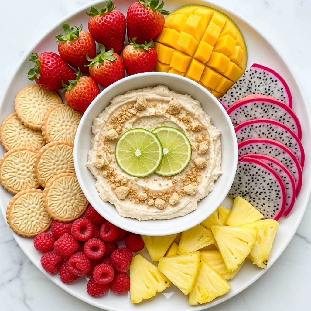 A dark green round plate holds six groups of food arranged around a white bowl filled with smooth, creamy white dip topped with three thin lime slices and crumbled biscuits. Starting from the top left, there are bright red strawberries, some halved showing juicy texture, next to light brown round biscuits with a patterned surface. Below are fresh red raspberries, followed by short yellow pineapple slices. To the right are yellow mango slices arranged neatly, and at the bottom right are fan-shaped white dragon fruit pieces with tiny black seeds and bright pink edges. The plate is on a white marbled surface. Photo taken with an iphone --ar 4:5 --v 7