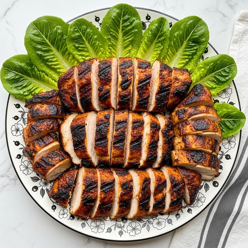 A white plate with a detailed black floral pattern holds sliced grilled chicken breast and two chicken legs, all browned with spices and grill marks. The chicken breast is cut into even, thin slices with a golden-brown crust and tender inside, placed in the center of the plate. Bright green fresh lettuce leaves surround the chicken on the edges of the plate, adding a pop of color. The plate rests on a white marbled surface with a blue and white striped cloth to the side. Photo taken with an iphone --ar 4:5 --v 7