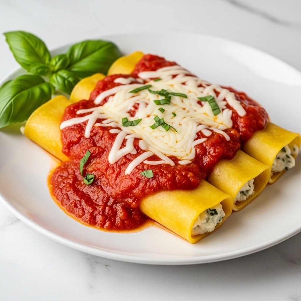 The dish shows three cooked cannelloni tubes filled with a light yellow, soft filling, arranged side by side on a round white plate. Each tube is topped with bright red marinara sauce that spreads unevenly over the surface, and a thick layer of melted white cheese that looks gooey and slightly golden in some spots. The cheese is sprinkled lightly with small green herb flakes. Fresh green basil leaves sit next to the cannelloni on one side of the plate. The plate is set on a white marbled surface. Photo taken with an iphone --ar 4:5 --v 7