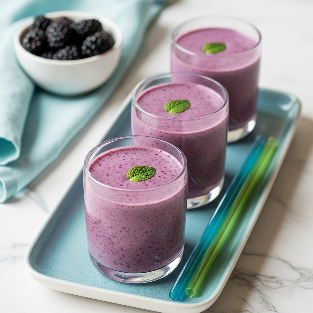 Three clear glasses filled with a smooth, light purple smoothie that has tiny dark purple specks, each topped with a small green mint leaf. The glasses are placed in a row on a pale blue rectangular tray with a shiny surface. Two clear straws, one with blue tips and the other with green tips, rest beside the glasses on the tray. In the background, a white bowl filled with dark purple berries sits on a folded white cloth over a white marbled surface. The overall image is bright with soft natural light. photo taken with an iphone --ar 4:5 --v 7