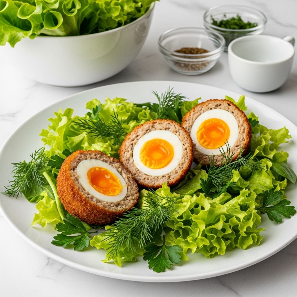 The dish shows three halves of a golden-brown Scotch egg placed on a bed of fresh, bright green curly lettuce leaves on a white shallow bowl. Each Scotch egg has a crispy, textured outer layer, a middle layer of cooked minced meat, and a smooth, pale yellow boiled egg yolk with the white surrounding it inside. Sprigs of green dill and parsley decorate the plate, adding lush greenery. In the background, there are small clear bowls with garnishes and a bowl filled with leafy green lettuce, all set on a white marbled surface. photo taken with an iphone --ar 4:5 --v 7