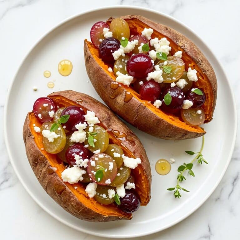 Smashed Sweet Potato with Roasted Grapes, Goat Cheese, and Honey Recipe