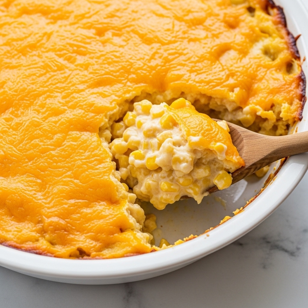 The image shows a close-up of creamy corn casserole scooped out from a white dish, revealing a thick, soft mixture inside with a pale yellow and white texture made of corn kernels and creamy ingredients. The outer layer is a smooth, melted bright orange cheese topping that covers the casserole evenly. The casserole appears moist with some slightly browned and crisp bits around the edges, and you can see a wooden spoon partially shown holding the scooped portion. The background is a white marbled texture. photo taken with an iphone --ar 4:5 --v 7