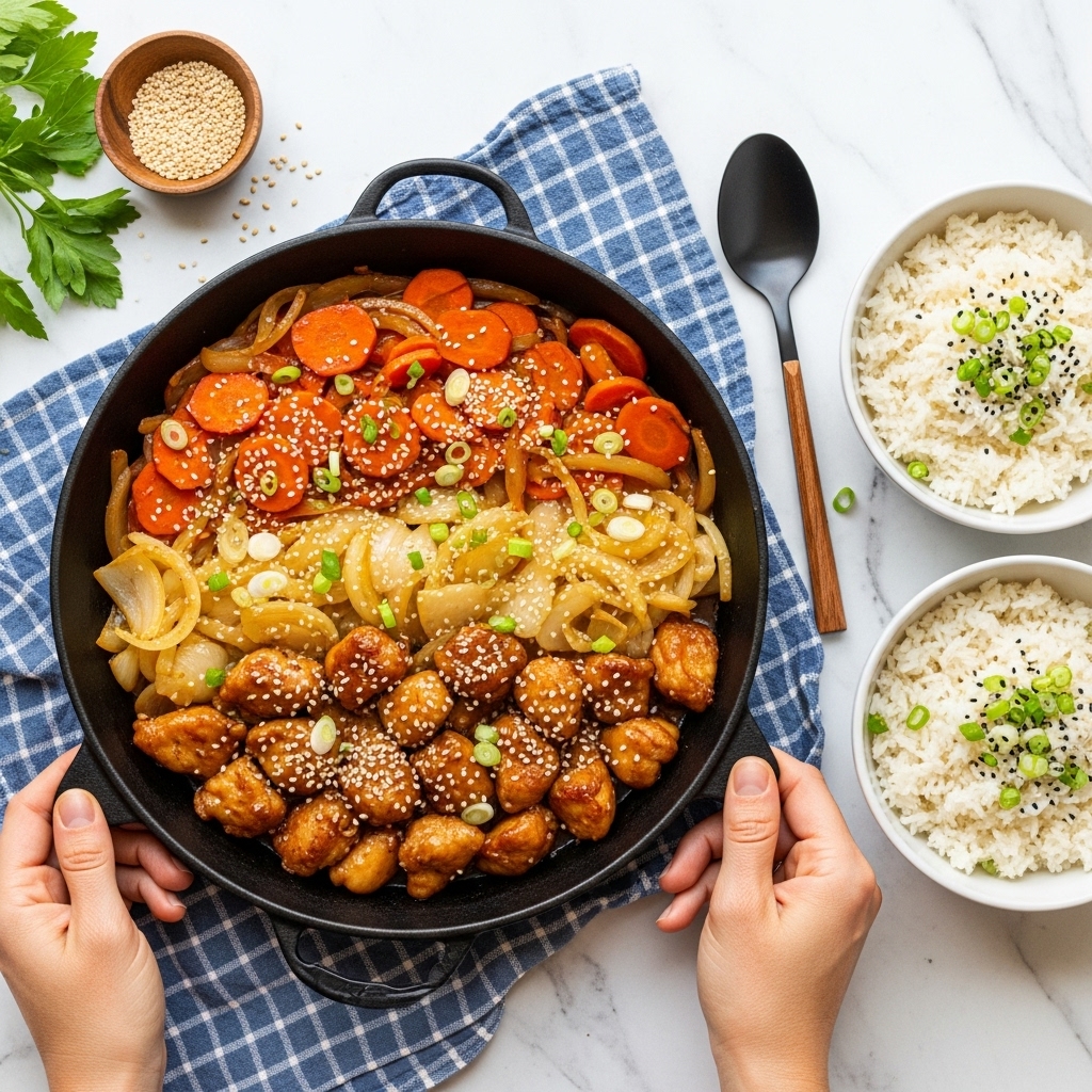 A large black skillet filled with a stir-fry of warm brown chicken pieces, orange carrot slices, light golden onion wedges, and light green scallion sections, all coated in a shiny, slightly thick brown sauce sprinkled with white sesame seeds. The skillet is placed on a blue and white checkered cloth over a white marbled surface. Two white bowls of steamed white rice garnished with black sesame seeds and green scallion slices sit to the right, alongside a black spoon with a light wooden handle. A woman's hand gently holds the skillet handle on the lower left, with a green leafy plant and a small wooden bowl of sesame seeds visible at the upper left. Photo taken with an iphone --ar 4:5 --v 7
