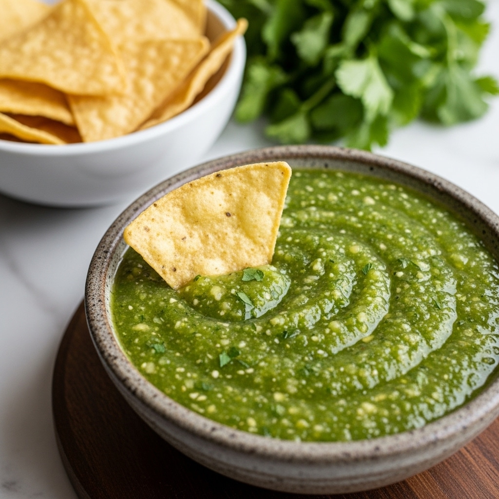 A shallow bowl filled with a smooth green salsa that has small seeds and bits visible throughout, giving it a slightly textured look. Partially dipped into the salsa is a light brown, crispy tortilla chip with a rough surface showing grain details. Nearby, a white bowl filled with many similar tortilla chips is partially visible. In the background, bright green leaves of fresh cilantro lie on a white marbled surface. photo taken with an iphone --ar 4:5 --v 7