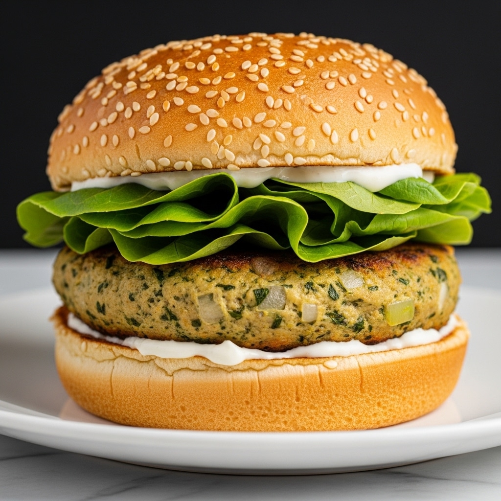 A close-up of a sandwich with a sesame seed bun. The bottom bun is soft and light brown. On top of it is a thick, greenish chicken patty with visible bits of herbs and small pieces of onion. Above the patty is a layer of creamy white sauce mixed with pieces of fresh green lettuce leaves. The top bun is golden brown with many sesame seeds scattered evenly. The sandwich is placed on a white plate that has straight edges, set on a white marbled surface with a black background. photo taken with an iphone --ar 4:5 --v 7