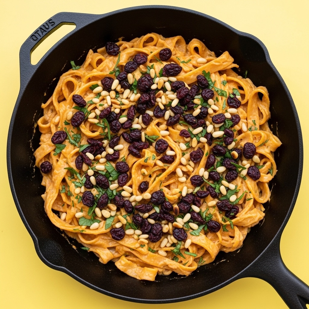 A black cast iron pan sits on a bright yellow background, filled with wide orange pasta ribbons coated in a creamy white sauce. Scattered on top are dark red dried cranberries, small pale pine nuts, and a sprinkling of green herbs adding a fresh touch. The pasta layers are mixed with the sauce, cranberries, and nuts, showing a rich, creamy texture with colorful toppings evenly spread. Two clear glasses of water are partially visible near the pan. photo taken with an iphone --ar 4:5 --v 7