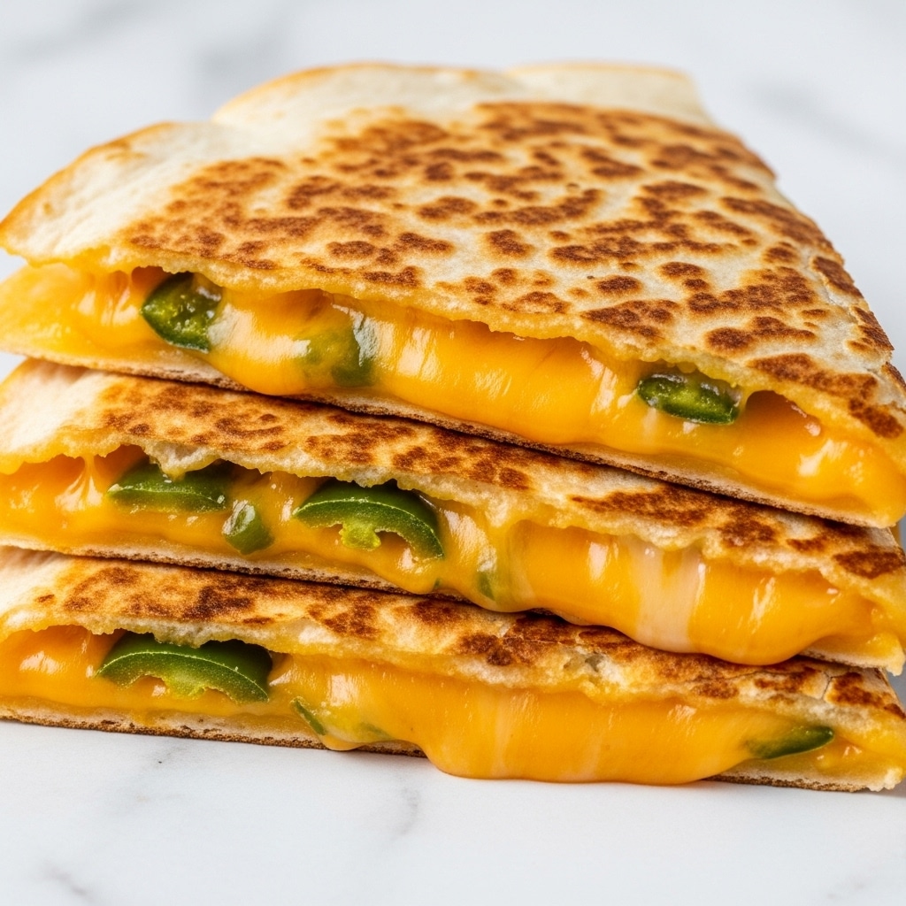 A close-up view of a cheesy quesadilla cut into four triangular pieces stacked slightly unevenly. The top layer is a golden-brown, toasted tortilla with small, darker brown spots scattered across its surface. The melted cheese inside is bright orange and gooey, oozing slightly where the quesadilla is cut. There are hints of green chili pieces mixed into the cheese, adding texture and color contrast inside the layers. The quesadilla is placed on a white marbled surface. photo taken with an iphone --ar 4:5 --v 7