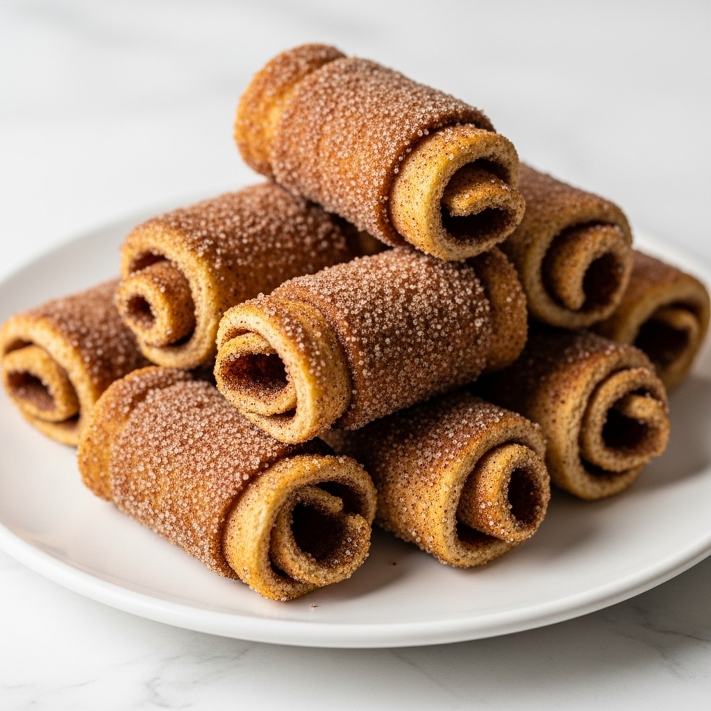 The image shows a white plate with eight rolled, golden-brown sticks stacked on top of each other. Each stick has a crispy, fried texture with a visible coating of sugar and cinnamon sprinkled heavily over the surface, giving them a slightly grainy look. The sticks have slight color variations from light golden to dark brown, showing some areas are more toasted. The plate rests on a white marbled texture surface. photo taken with an iphone --ar 4:5 --v 7