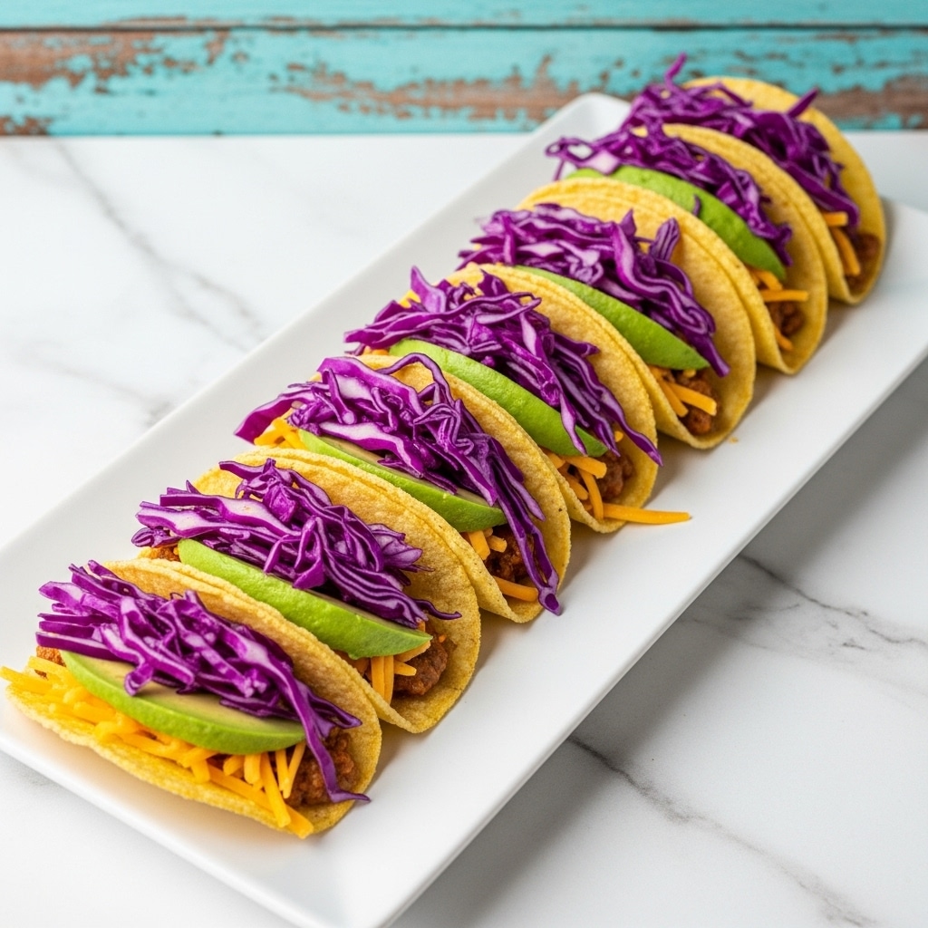 Seven small yellow corn taco shells are lined up on a long white rectangular plate, each filled with layers starting from a base of soft yellow scrambled eggs, topped with chopped light green avocado pieces, bright orange shredded cheese, and finished with a generous pile of finely chopped purple cabbage, some pieces spilling slightly onto the plate. The plate sits on a white marbled surface. The image is taken close up, showing the texture of the taco shells and fresh fillings clearly. Photo taken with an iphone --ar 4:5 --v 7