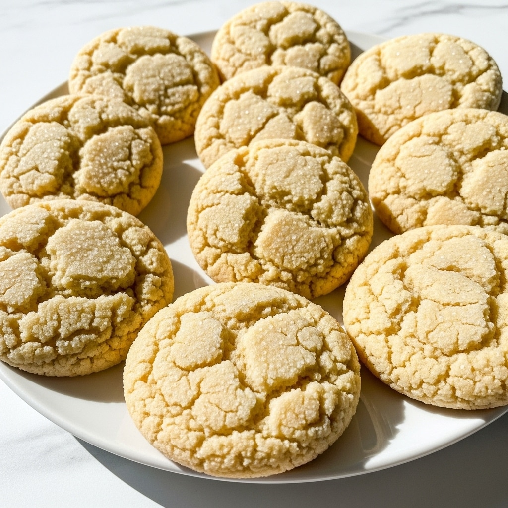 A white round plate holds nine light golden brown cookies arranged in a loose circular pattern. Each cookie is round and flat with a rough sugar-coated surface that has visible cracked lines all over, giving them a slightly crinkled texture. The plate rests on a white marbled surface that contrasts softly with the warm tones of the cookies. Photo taken with an iphone --ar 4:5 --v 7