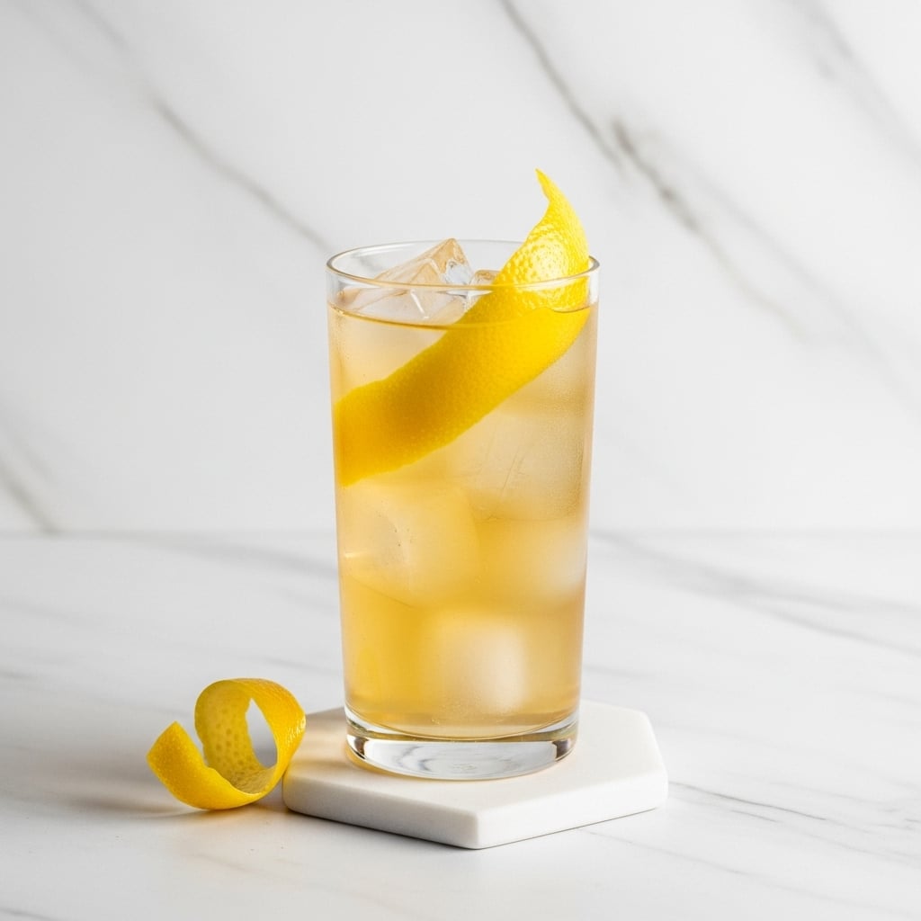 A tall clear glass filled with light golden liquid and many irregular ice cubes, garnished with a large bright yellow lemon peel hanging inside near the top, sitting on a small hexagonal white coaster. Next to the glass on the white marbled surface is a curled bright yellow lemon peel. The background is also a clean white marbled texture making the drink stand out clearly. photo taken with an iphone --ar 4:5 --v 7