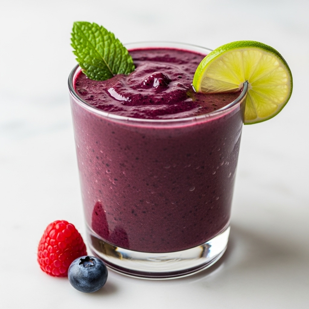 A clear glass filled with a thick, deep purple smoothie that has small visible seeds and pulp, topped with a sprig of fresh green mint leaves on the left side and a bright green lime slice on the right edge of the glass. The glass sits on a white marbled textured surface next to a red raspberry and two small dark blue berries. The overall look is fresh and colorful with natural lighting highlighting the rich texture of the drink. Photo taken with an iphone --ar 4:5 --v 7