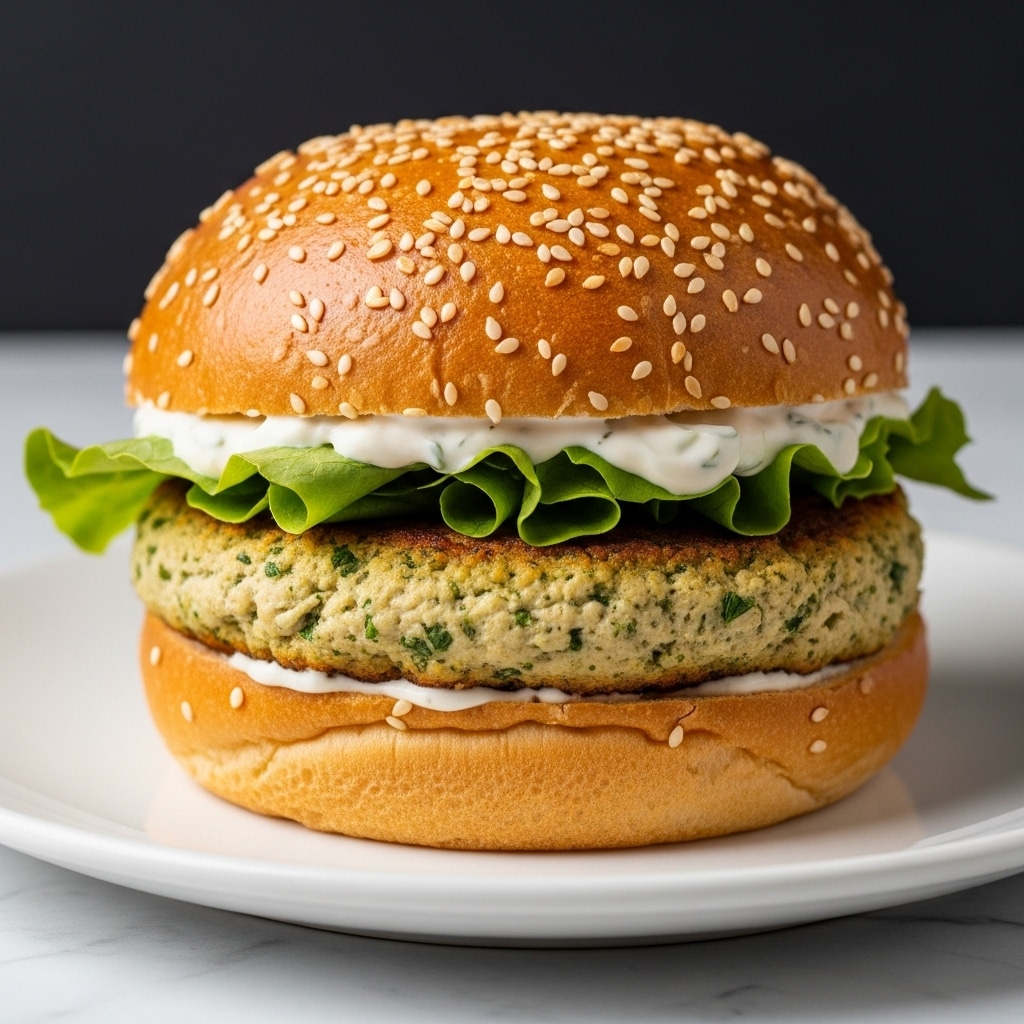 A close-up of a burger with a sesame seed bun, showing three clear layers. The bottom layer is the soft bun with a light golden color and slight texture. Above it is a thick, greenish chicken patty with visible herbs and small bits of onion, having a moist, slightly rough texture. On top of the patty is a creamy white sauce spread cleanly, topped with fresh, bright green lettuce leaves adding a leafy texture. The top bun is golden brown with sesame seeds scattered evenly on it. The burger sits on a white plate on a white marbled surface with a black background. photo taken with an iphone --ar 4:5 --v 7