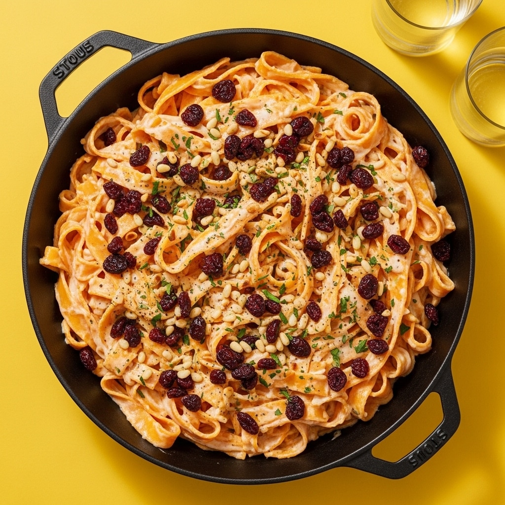 A black cast iron skillet holds a creamy pasta dish with wide, orange-colored noodles spread evenly around the pan. Scattered on top are dark red dried cranberries and light brown pine nuts, creating a mix of textures and colors against the creamy sauce coating the noodles. Small green herb pieces are sprinkled across the dish for contrast. The skillet sits on a bright yellow surface. Photo taken with an iphone --ar 4:5 --v 7