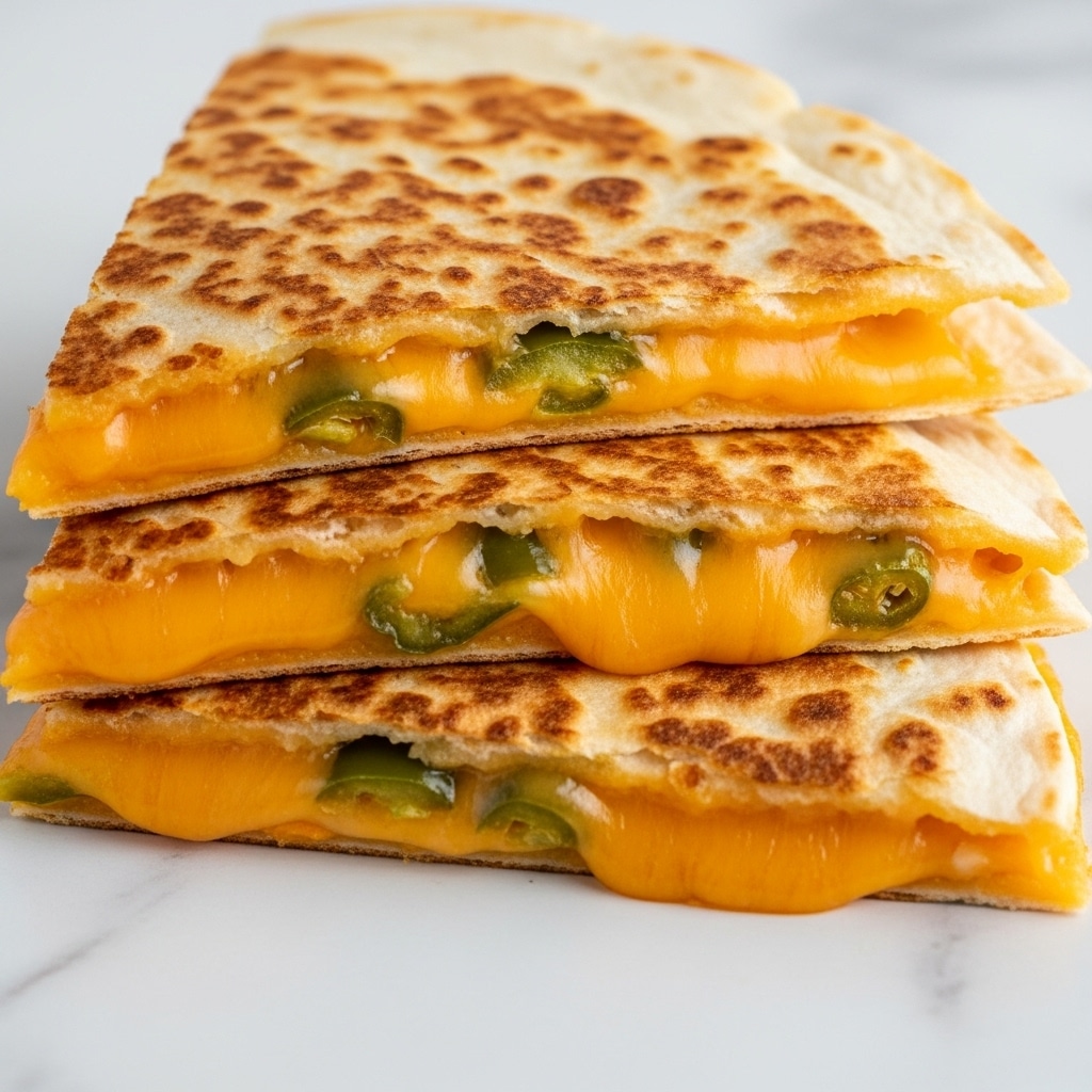 A close-up of a quesadilla cut into four triangular pieces, showing a top layer of golden brown toasted tortilla with some darker spots. Inside, there is a bright yellow melted cheese layer mixed with bits of green peppers. The quesadilla rests on a flat surface with a white marbled texture. The image focuses on the texture of the melted cheese and the toasted tortilla. photo taken with an iphone --ar 4:5 --v 7