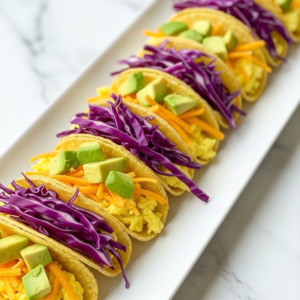 A white rectangular plate holds seven small taco shells arranged in a neat row. Each taco has three clear layers: at the bottom inside the shell is shredded yellow cheddar cheese, followed by a small wedge of green avocado, and topped with a generous amount of finely chopped bright purple cabbage. The tacos are set against a white marbled surface that contrasts with the vibrant colors of the tacos and the turquoise weathered wood in the background. Photo taken with an iphone --ar 4:5 --v 7