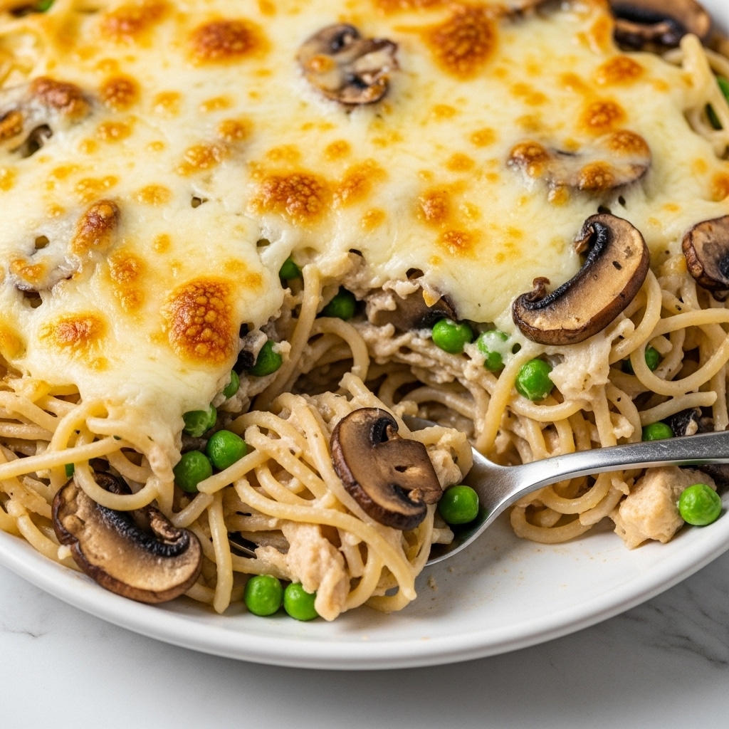 The image shows a close-up of a white dish filled with creamy pasta covered by a layer of melted cheese with a slightly golden, bubbly texture on top. The pasta underneath is mixed with green peas and dark brown mushroom slices, all coated in a rich, white sauce. A silver fork is scooping some pasta from the center, revealing the soft noodles and vegetables beneath the cheese layer. The dish is placed on a white marbled background. photo taken with an iphone --ar 4:5 --v 7