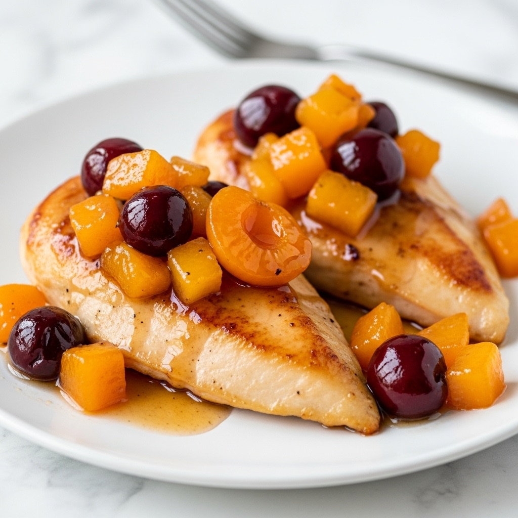 Two pieces of cooked chicken breasts with a golden brown surface form the base layer, placed side by side on a white rectangular plate. On top of the chicken, there is a thick, glossy orange sauce with visible chunks of mixed fruit, including yellow pineapples, red cherries, and orange apricot pieces, adding texture and bright color contrast. The sauce cascades slightly down the sides of the chicken, pooling a little on the plate. The background shows a white marbled texture and a metal fork blurred in the corner. photo taken with an iphone --ar 4:5 --v 7