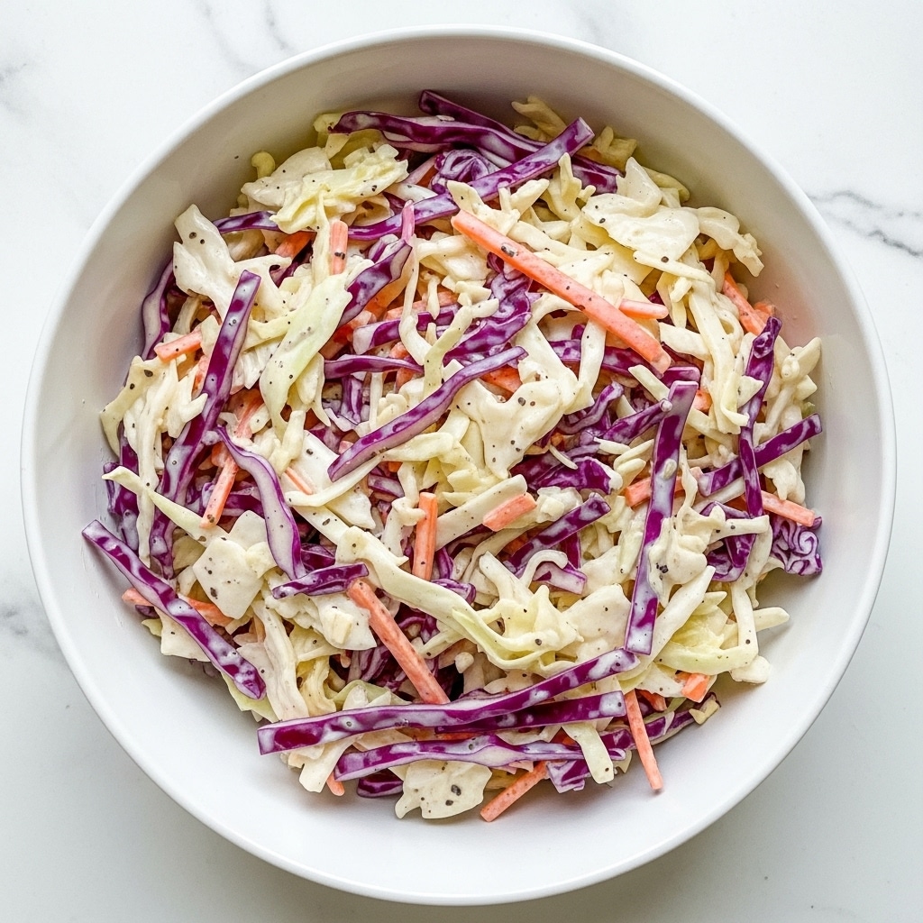 A white bowl filled with creamy coleslaw showing a mixture of shredded white cabbage, purple cabbage, and thin orange carrot strips, all coated in a thick, smooth, light-colored dressing with specks of black pepper evenly spread throughout the salad, placed on a white marbled textured surface photo taken with an iphone --ar 4:5 --v 7