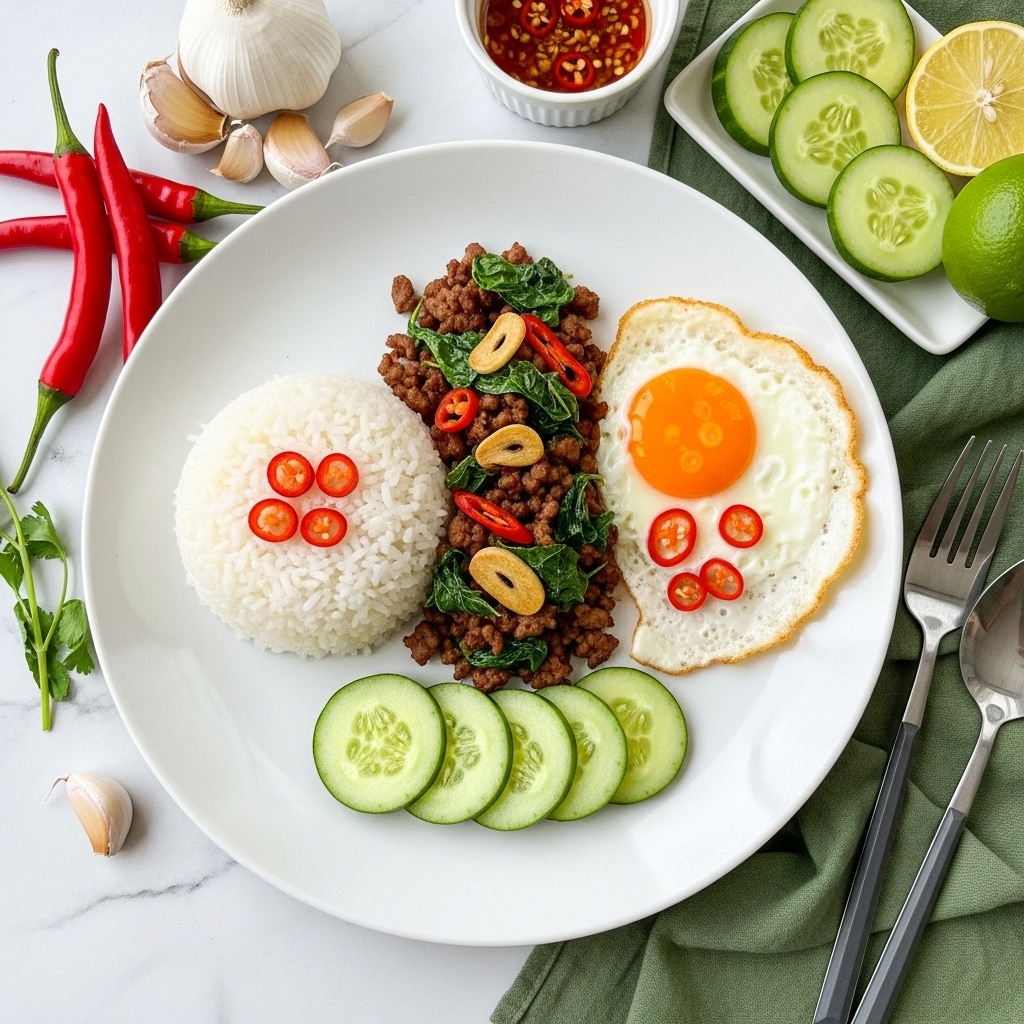 A round white plate holds a dish with three main layers: a bed of fluffy white rice on the bottom left, a generous portion of cooked, crumbled ground meat mixed with chopped red chili slices and green herbs on the top half, and a fried egg with a bright yellow yolk and slightly crispy edges on the right side, slightly overlapping the meat. In front of the rice, there is a neat row of fresh cucumber slices arranged side by side. Red chili pieces are scattered over the rice and egg for extra color. The plate is set on a white marbled surface with visible wooden texture, surrounded by fresh red chilies, garlic cloves, a small bowl of chili sauce with sliced garlic, a lime, and a fork and spoon nearby. Photo taken with an iphone --ar 4:5 --v 7
