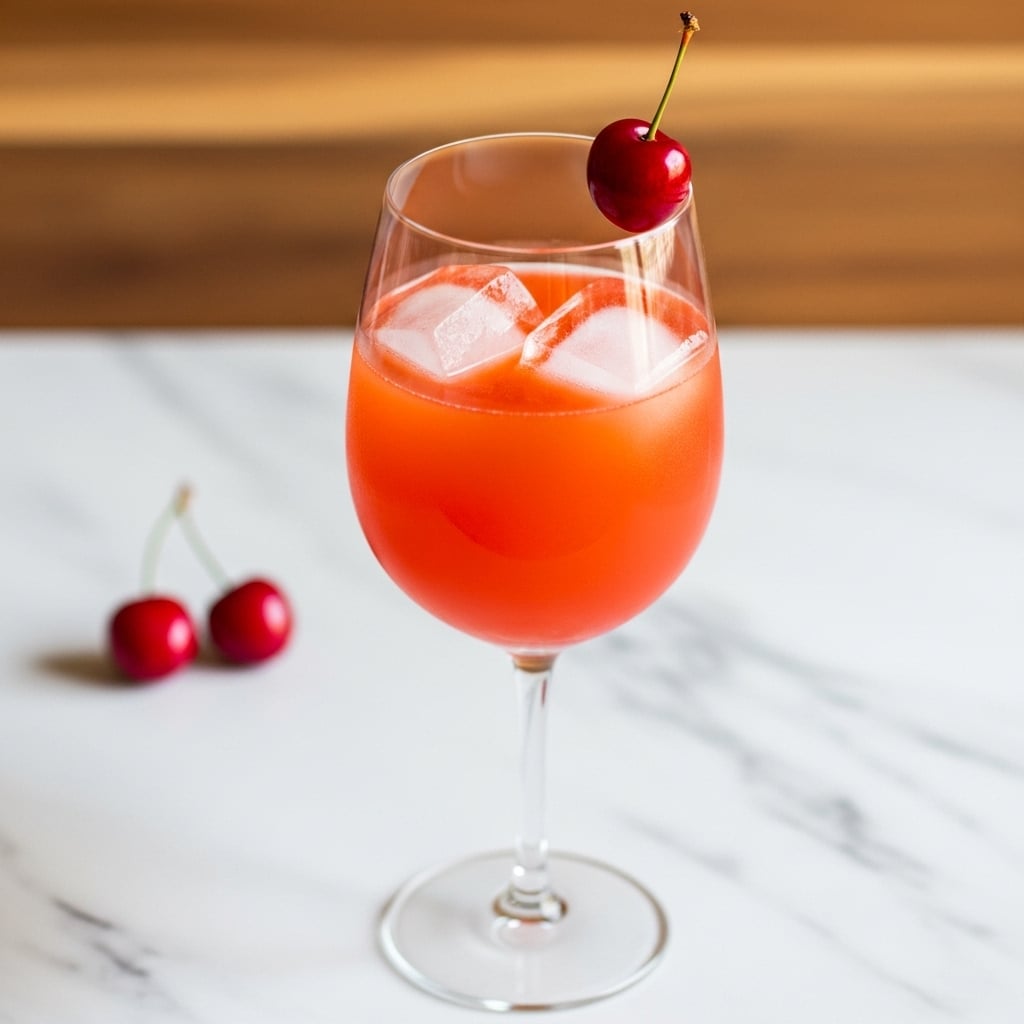 A tall, clear wine glass filled with a light reddish-brown sparkling drink and two large ice cubes floating on top, a bright red cherry with a stem placed on the rim of the glass; the glass is set on a white marbled surface with a few red cherries scattered around, and a warm brown textured wooden wall in the background. Photo taken with an iphone --ar 4:5 --v 7