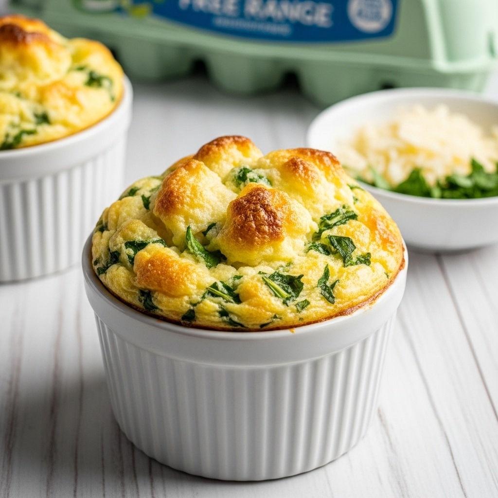 The image shows a small baked dish in a white ceramic ramekin with vertical ridges, placed on a light wooden surface. The dish has one visible layer: a risen, golden-brown baked egg mixture filled with green herbs or spinach, giving it a slightly uneven texture and speckled green and brown color on top. In the background, there is a second ramekin with the same dish, as well as a white plate with a green herb and white cheese mixture, all set against a blurred backdrop of a blue egg carton with green text. The scene is well-lit, highlighting the texture and colors of the baked dish. Photo taken with an iphone --ar 4:5 --v 7