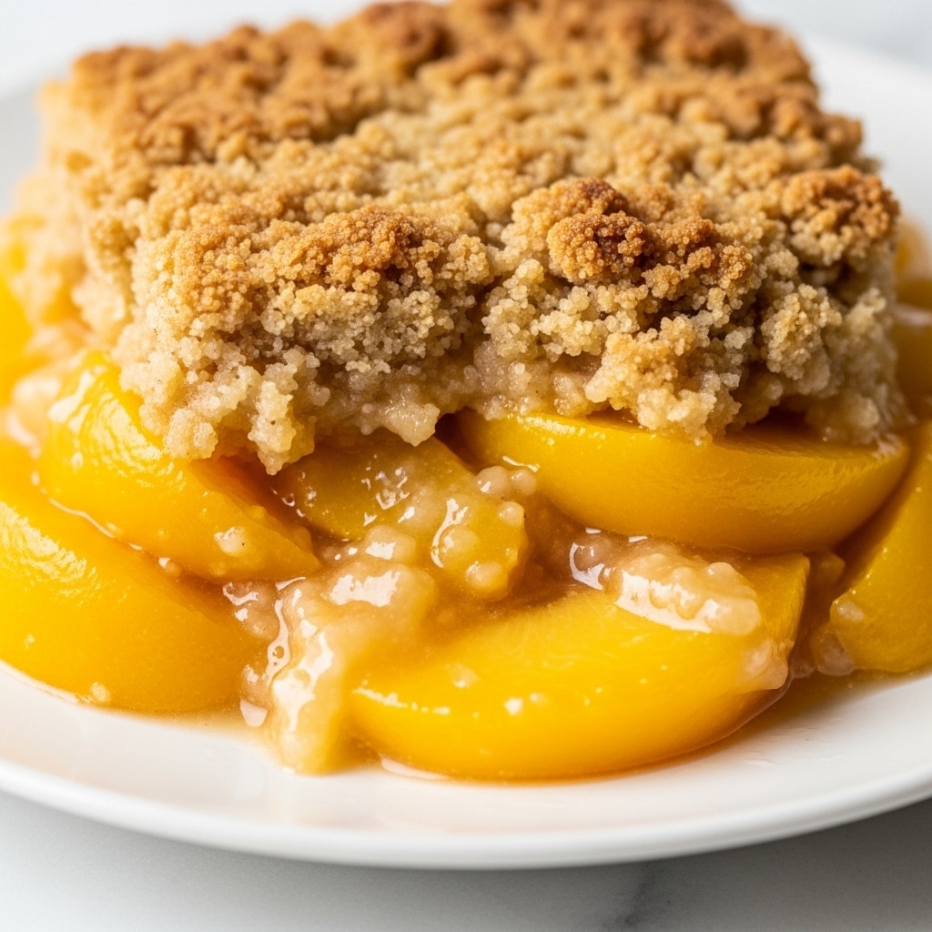 The image shows a close-up of a peach cobbler with two main layers visible. The bottom layer has soft, cooked peach slices in bright yellow and orange colors, some with a bit of red near the edges. The top layer is made up of golden brown baked dough pieces that look crispy and crumbly, covering the peach slices. The dish is served on a white plate with some small pink floral designs at the edge, and the background is a white marbled texture. Photo taken with an iphone --ar 4:5 --v 7