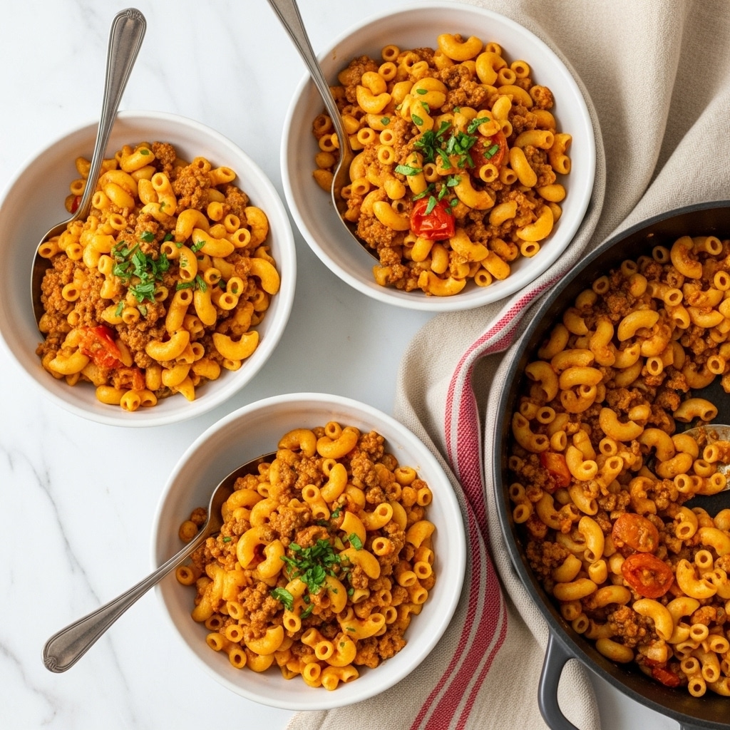 The image shows three white bowls filled with cooked elbow macaroni mixed with ground beef, small pieces of tomatoes, and lightly sprinkled green herbs on top, each bowl containing a silver spoon resting inside. Nearby is a black pot also filled with the same macaroni and beef mixture, all placed on a white marbled surface with a beige cloth featuring red stripes beside the food. The macaroni is coated with a reddish-orange sauce, making the dish look warm and appetizing. photo taken with an iphone --ar 4:5 --v 7
