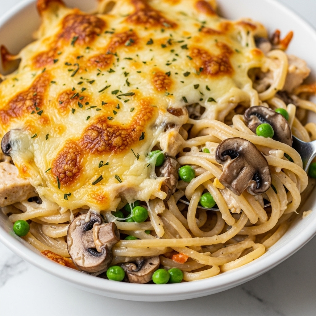 A close-up view of a creamy pasta dish served in a white bowl set on a white marbled surface, showing about two layers: the bottom layer of cooked spaghetti noodles mixed with green peas and sliced mushrooms coated in a white creamy sauce, and a top layer of melted, slightly browned cheese forming a golden crust with herbs spread unevenly. A fork lifts some noodles from the center, revealing the creamy texture beneath the cheese. Photo taken with an iphone --ar 4:5 --v 7