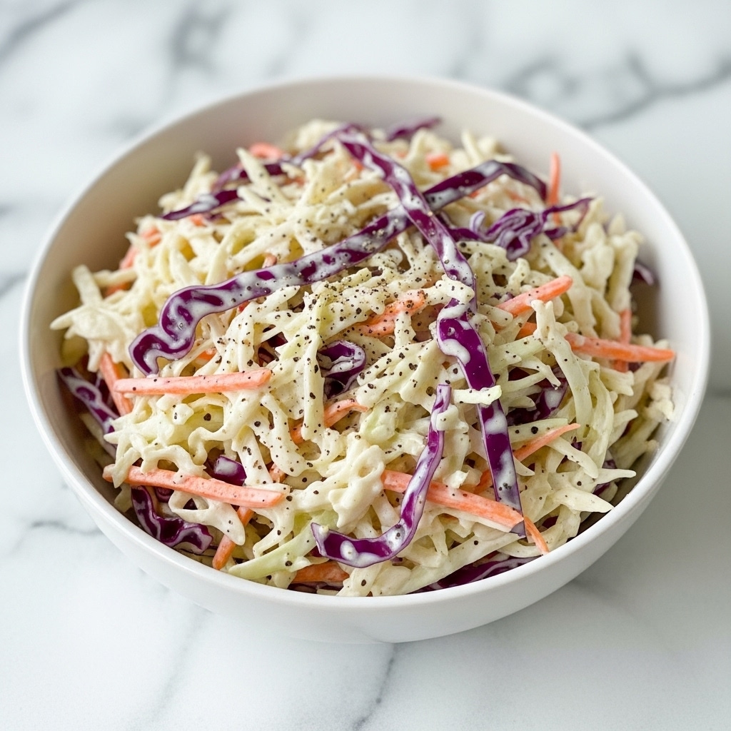 A white bowl filled with creamy coleslaw made of thinly sliced white cabbage, purple cabbage, and small pieces of carrot. The coleslaw has a thick, white dressing that coats all the vegetables evenly, with some visible small flecks of black pepper throughout. The bowl is placed on a surface with a white marbled texture, and the coleslaw looks fresh and well mixed. photo taken with an iphone --ar 4:5 --v 7