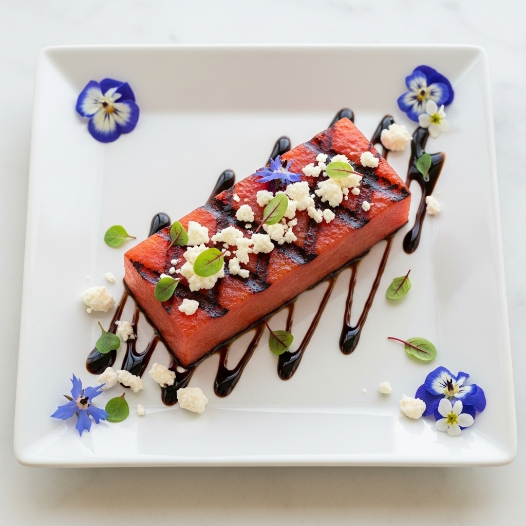 A square piece of grilled watermelon with a deep red-pink color and visible grill marks sits in the center of a white square plate. The watermelon is topped with small white crumbles and green herb pieces. Around the watermelon, there are thin lines of dark balsamic glaze drizzled artistically on the plate. Small white crumbles and fresh green leaves are scattered decoratively near the edges of the plate, along with bright blue and white flower petals for a pop of color. The background is a white marbled texture. Photo taken with an iphone --ar 4:5 --v 7