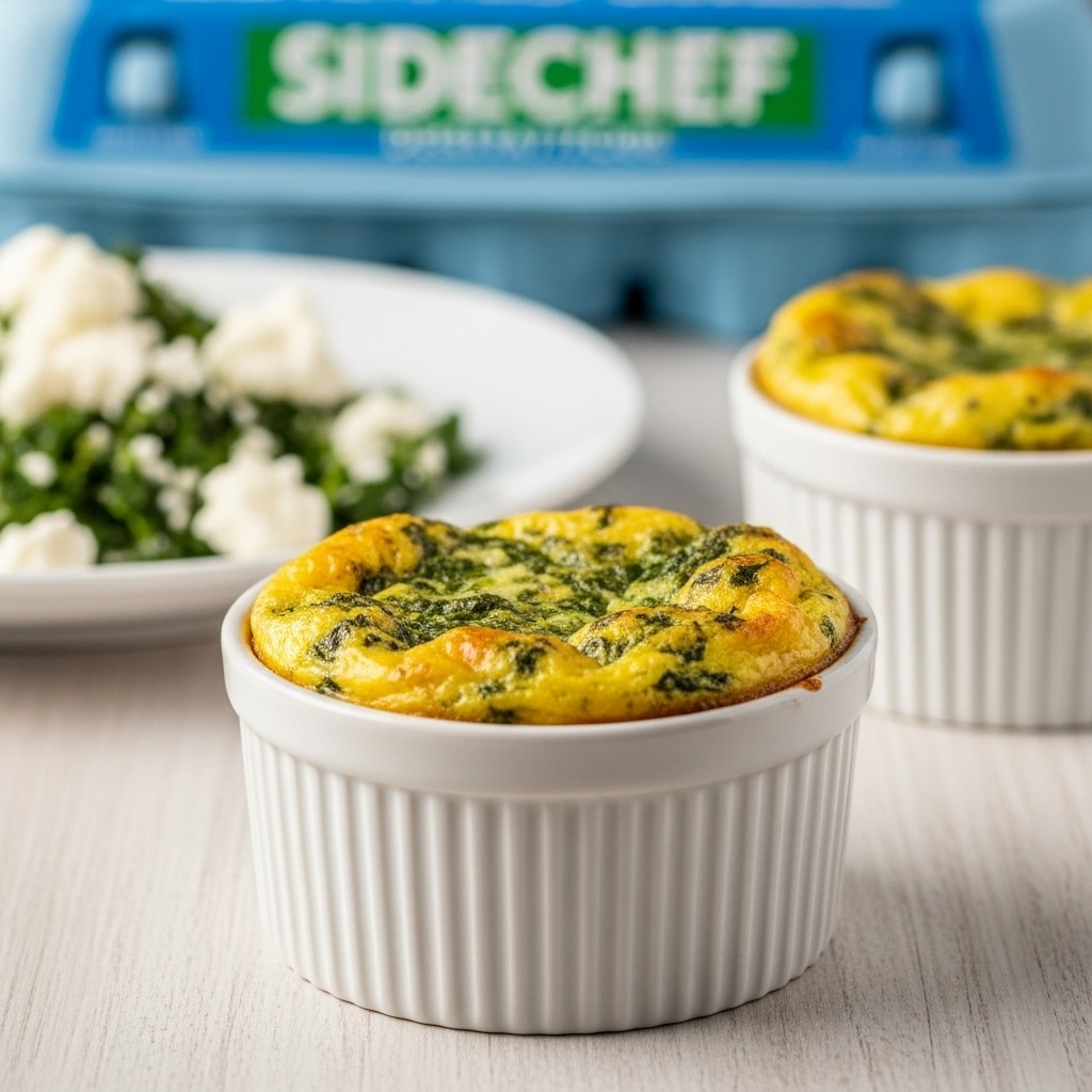 The image shows a single-serving baked egg dish in a white, ribbed ramekin cup. The dish has a thick, risen top layer with a golden-brown crust, mixed with visible green bits of herbs or vegetables scattered throughout. Its texture looks fluffy and slightly crunchy on top, with some small browned spots. In the background, there is a second similar ramekin partially visible, also filled with the same dish. To the right, there is a small white bowl with finely grated cheese and chopped green herbs. The setting is on a light wood surface with a white marbled texture and a blurred carton of free-range eggs in blue and green colors. photo taken with an iphone --ar 4:5 --v 7
