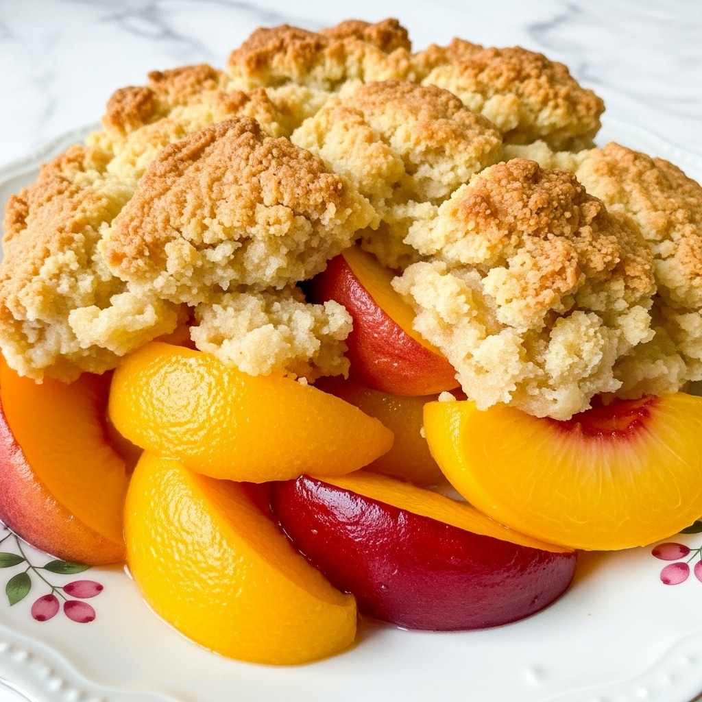 The image shows a close-up of a serving of peach cobbler on a white plate. The dish has a golden-brown crumbly crust layer on top, which looks toasted and crispy with a rough texture. Below the crust are bright yellow peach slices, soft and juicy, with smooth skin and some darker spots showing their ripeness. The peaches blend into a slightly thick, syrupy mixture with a glossy finish. The layers are uneven and mixed, giving a warm and hearty look. The plate sits on a white marbled surface. Photo taken with an iphone --ar 4:5 --v 7