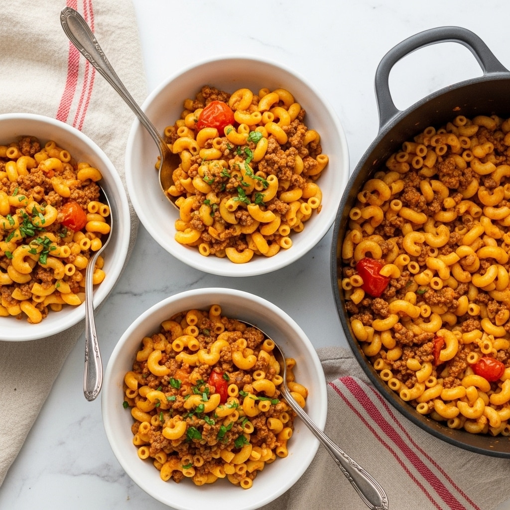 The image shows three white bowls filled with a pasta dish made of elbow macaroni mixed with a chunky, brown ground meat sauce that has pieces of red tomato and small green herb garnishes on top. Each bowl has a silver spoon resting inside. A large black pan filled with the same pasta mixture sits nearby on a white marbled surface, with some crumbs of herbs scattered around. A beige cloth with red stripes is placed to the left side of the setup. The pasta looks rich and glossy with a slightly orange-red sauce coating most pieces. The whole scene is bright with natural light highlighting the textures of the macaroni and meat. Photo taken with an iphone --ar 4:5 --v 7