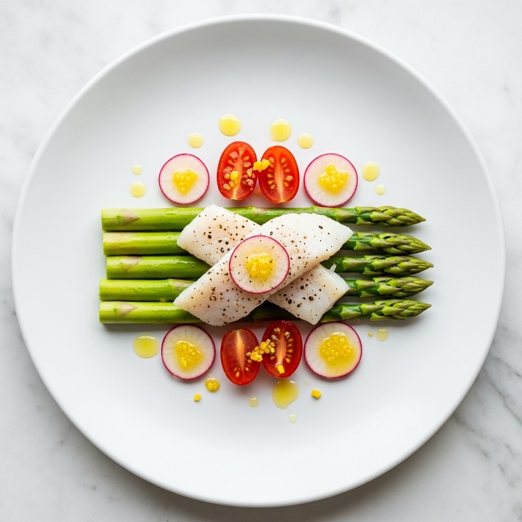 A white plate sits on a white marbled surface, holding a simple, fresh dish arranged in layers. The bottom layer has four bright green asparagus stalks placed parallel. On top of the asparagus, there are two white fish fillets, slightly seasoned with black pepper. Around the fish, there are five red tomato wedges and six thin, round slices of light purple radish scattered evenly. A light drizzle of oil or sauce glistens over the dish, adding a touch of shine. Photo taken with an iphone --ar 4:5 --v 7