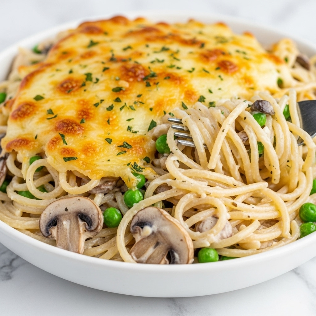 The image shows a close-up of creamy baked pasta inside a white bowl sitting on a white marbled surface. The dish has several layers: the top is covered with melted, slightly browned cheese that is golden and bubbly with herbs sprinkled on it. Underneath, thick spaghetti noodles are mixed with peas and sliced brown mushrooms in a creamy white sauce. A spoon is partially submerged in the pasta, lifting some noodles and vegetables up, showing the rich texture of the sauce. photo taken with an iphone --ar 4:5 --v 7