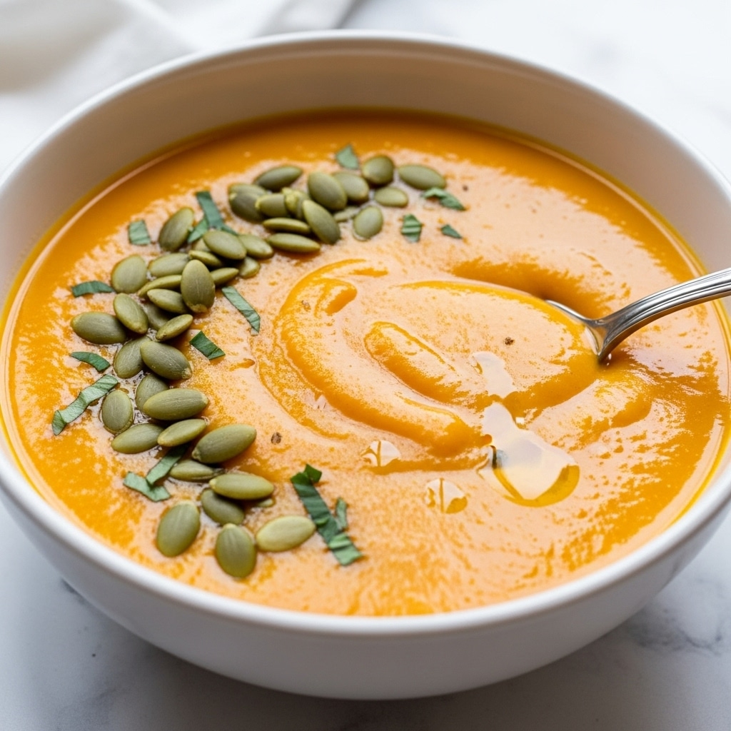 A bowl of thick orange soup fills a white bowl placed on a grey surface. The soup has a smooth texture with a spoon scooping some of it, showing its creaminess. On top of the soup are green pumpkin seeds and small bits of chopped green herbs. The background has a white marbled texture with a soft cloth visible at the side. Photo taken with an iphone --ar 4:5 --v 7