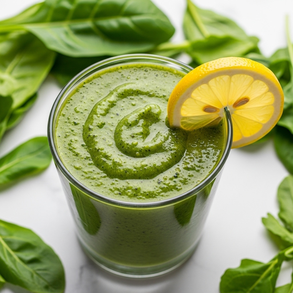 A clear glass filled with a thick, bright green smoothie containing small dark green and brown specks, with a textured surface that looks fresh and slightly chunky; a thin wedge of lemon with yellow and white pulp is placed on the rim of the glass, and the glass is surrounded by fresh green leafy vegetables on a white marbled surface. photo taken with an iphone --ar 4:5 --v 7