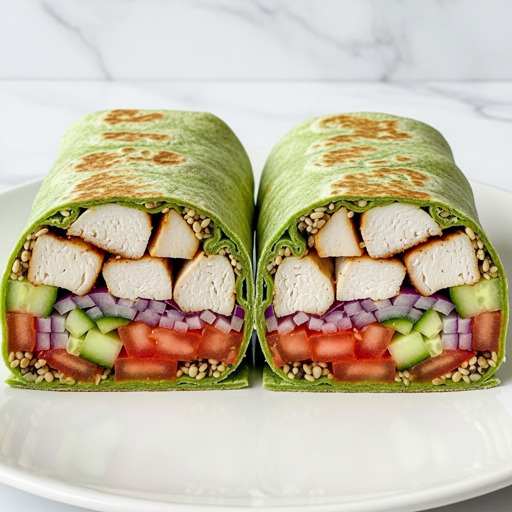 A close-up image shows two pieces of a chicken wrap placed on a white round plate with a white marbled texture background. The wrap is made of a green spinach tortilla with visible toasted spots. Inside, the wrap has visible thick layers of cooked chicken pieces in light brown and white, fresh red tomato chunks, bits of dark purple onion, small green cucumber pieces, and a creamy white sauce mixed with green herbs. One piece stands upright showing the cut cross-section clearly, while the other lies on its side. The overall look is fresh and colorful. Photo taken with an iphone --ar 4:5 --v 7