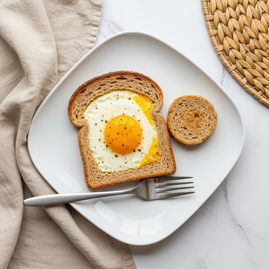 The image shows a piece of toasted brown bread with a fried egg cooked inside the middle, where the egg white is slightly crispy on the edges and the yolk is a soft yellow with some black pepper sprinkled on top. The toast is centered on a white square plate, with a round toasted bread piece to the upper left. A silver fork lies diagonally on the bottom right of the plate. The plate is set on a surface with a white marbled texture and a beige cloth is visible on the right side. Photo taken with an iphone --ar 4:5 --v 7